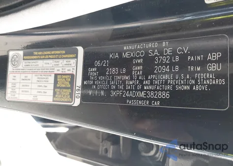 2021 Kia Forte Lxs from USA, damaged, VIN 3KPF24ADXME382886